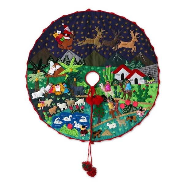 Alternate image for Peruvian Folk Art Cotton Christmas Scene Tree Skirt Nativity Scene