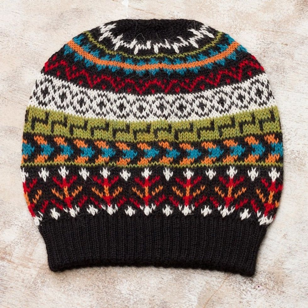 Multi-Color 100 Alpaca Knit Hat with Geometric Motifs 'Motif Medley'