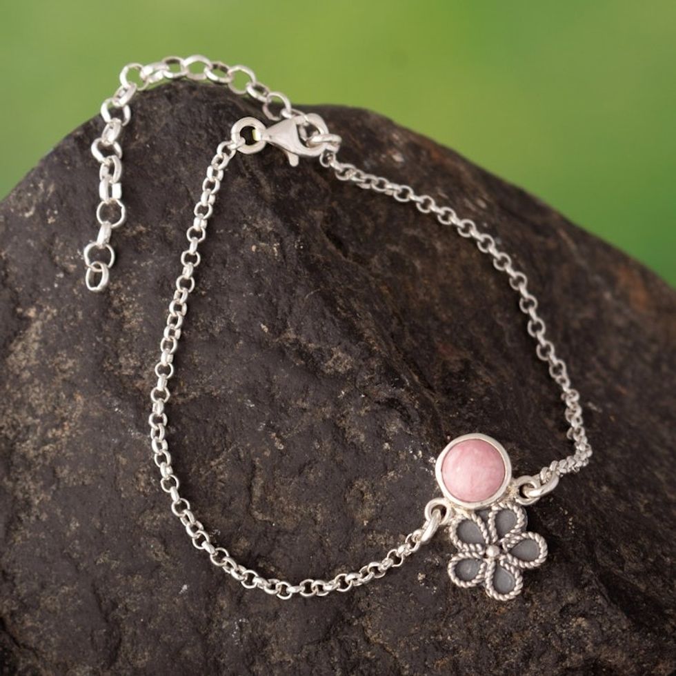 Floral Sterling Silver Pendant Bracelet with Pink Rhodonite 'Floral Compassion'