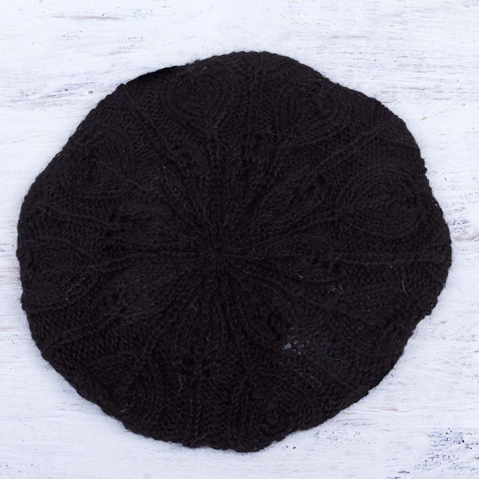 Hand Knit Black 100 Alpaca Beret from Peru 'Dark Leaves'