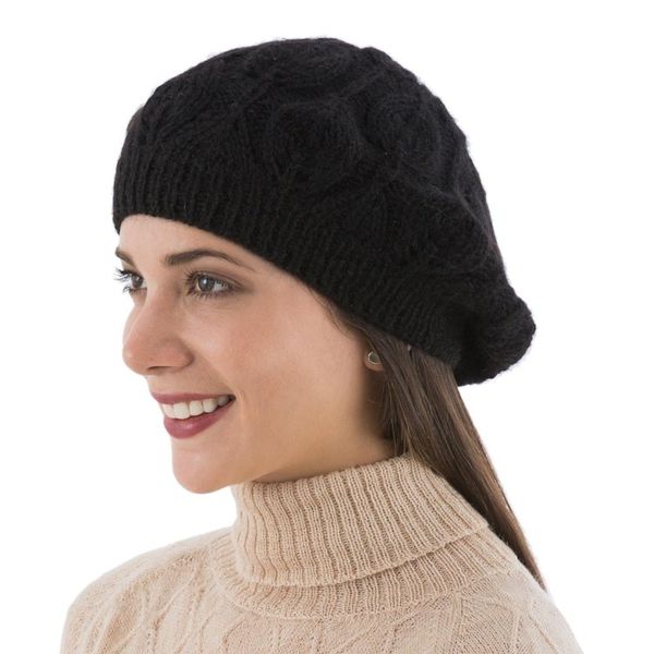 Alternate image for Hand Knit Black 100 Alpaca Beret from Peru Dark Leaves