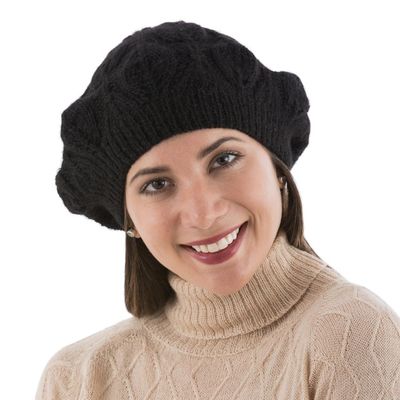 Alternate image for Hand Knit Black 100 Alpaca Beret from Peru Dark Leaves