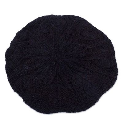 Alternate image for Hand Knit Black 100 Alpaca Beret from Peru Dark Leaves