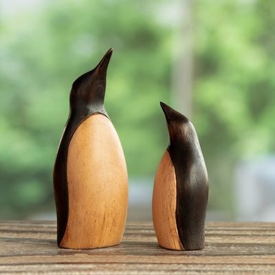 Alternate image for Handcarved Cedar Wood Penguin Animal Themed Figurines Pair Penguin Mother and Child