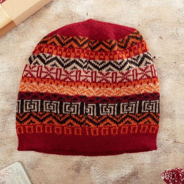 Alternate image for Hand Knit 100 Baby Alpaca Hat in Red Shades from Peru Sunrise in the Andes