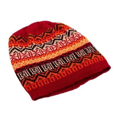 Alternate image for Hand Knit 100 Baby Alpaca Hat in Red Shades from Peru Sunrise in the Andes