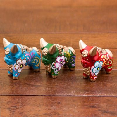 Alternate image for Green Blue and Red Ceramic Bull Sculptures Set of 3 Tricolor Pucara Bulls