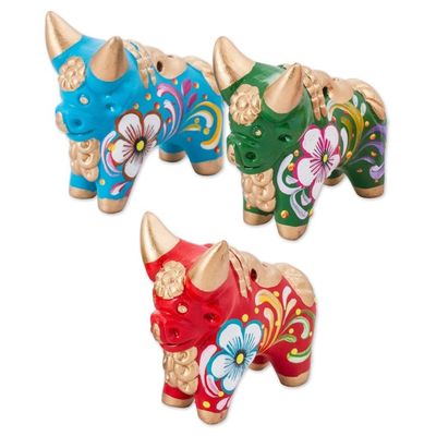Alternate image for Green Blue and Red Ceramic Bull Sculptures Set of 3 Tricolor Pucara Bulls