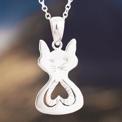 Alternate image for Heart Pattern Cat-Shaped Sterling Silver Pendant Necklace Heart of the Cat