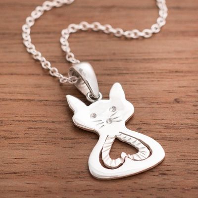 Alternate image for Heart Pattern Cat-Shaped Sterling Silver Pendant Necklace Heart of the Cat