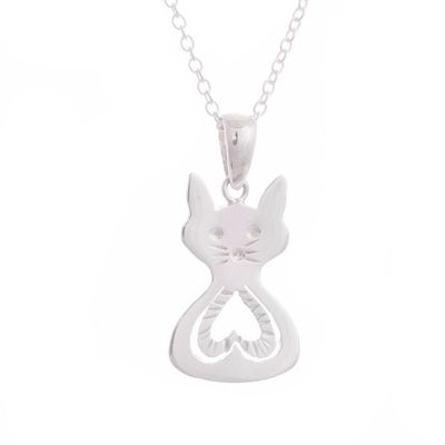 Alternate image for Heart Pattern Cat-Shaped Sterling Silver Pendant Necklace Heart of the Cat