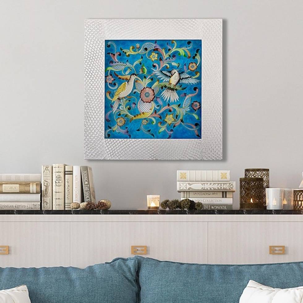 Handmade Floral Reverse Painted Glass Wall Art from Peru 'Blue Doves'