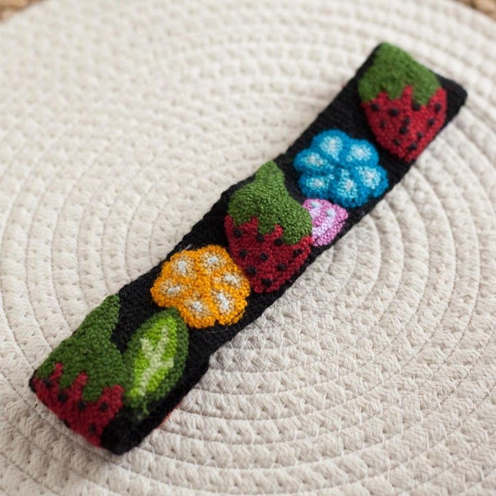 Floral and Strawberry Pattern Wool Headband from Peru 'Flowers and Strawberries'