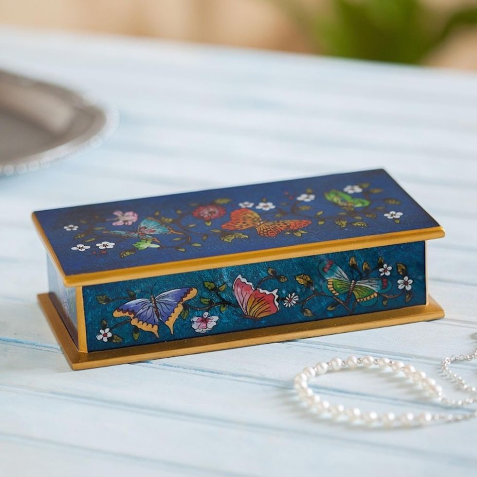 Reverse Painted Glass Butterfly Decorative Box in Cyan 'Butterfly Jubilee in Cyan'