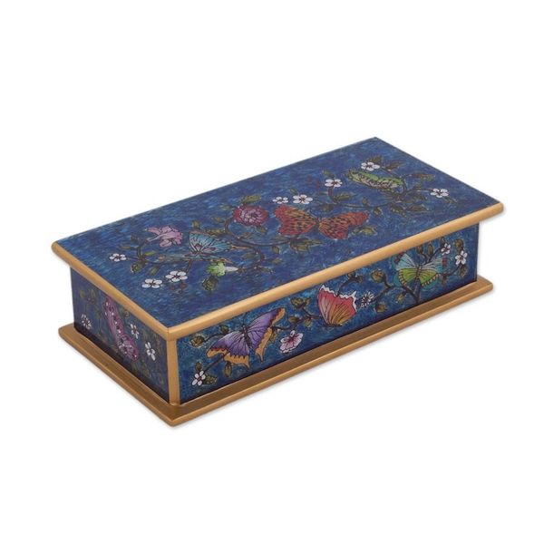 Alternate image for Reverse Painted Glass Butterfly Decorative Box in Cyan Butterfly Jubilee in Cyan