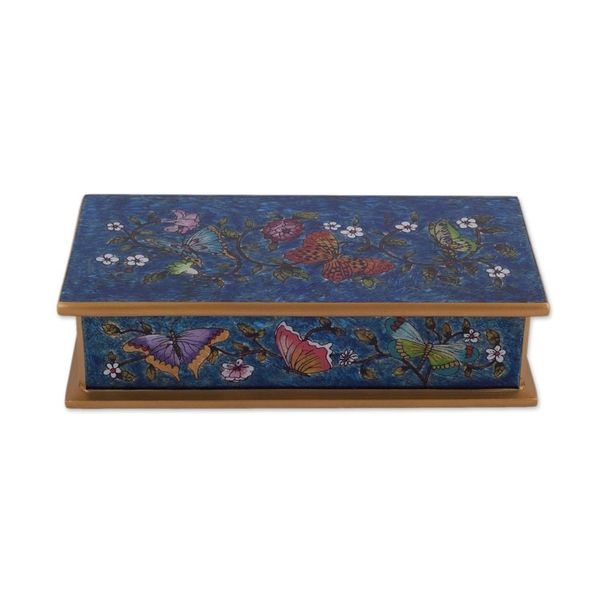 Alternate image for Reverse Painted Glass Butterfly Decorative Box in Cyan Butterfly Jubilee in Cyan