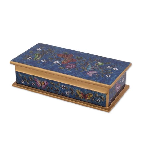 Alternate image for Reverse Painted Glass Butterfly Decorative Box in Cyan Butterfly Jubilee in Cyan