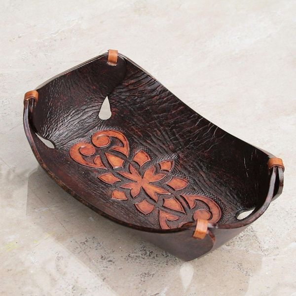 Alternate image for Leather Catchall in Caramel Brown Artisan Crafted in Peru Caramel Pyramid Tattoo