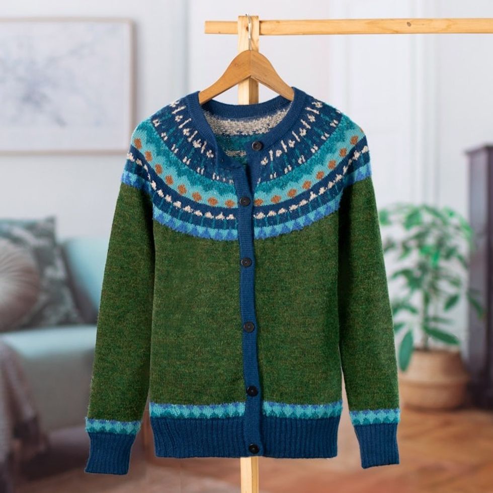 100 Alpaca Green Yoke Cardigan From Peru 'Andean Forests'