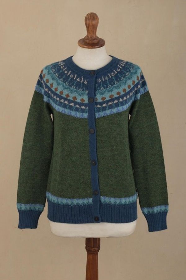Alternate image for 100 Alpaca Green Yoke Cardigan From Peru Andean Forests