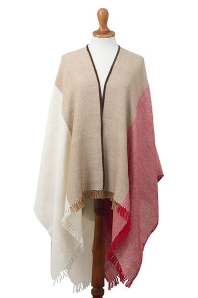 Alternate image for Tri-Color Suede Accented 100 Baby Alpaca Ruana from Peru Fantastic Combination