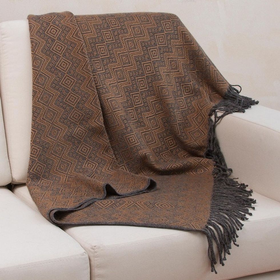 Throw Blanket with Diamond Motifs in Slate and Spice 'Diamond Embrace'