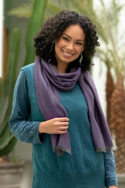 Alternate image for Baby Alpaca and Silk Blend Plum and Grey Reversible Scarf Options in Plum