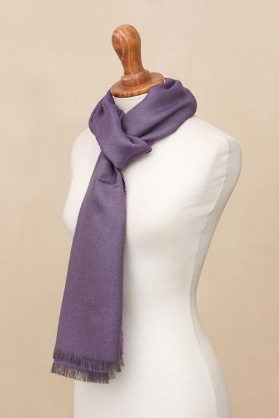 Alternate image for Baby Alpaca and Silk Blend Plum and Grey Reversible Scarf Options in Plum