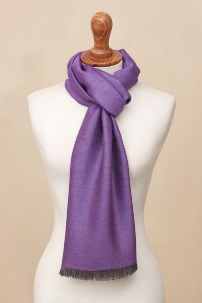 Alternate image for Baby Alpaca and Silk Blend Plum and Grey Reversible Scarf Options in Plum