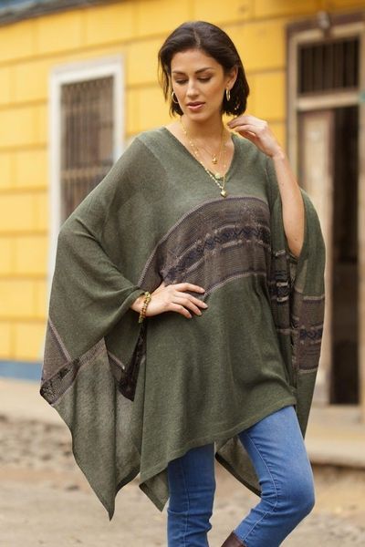 Alternate image for Woven Cotton Blend Poncho in Olive Green from Peru Olive Mountain