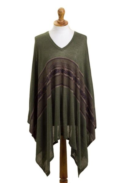 Alternate image for Woven Cotton Blend Poncho in Olive Green from Peru Olive Mountain