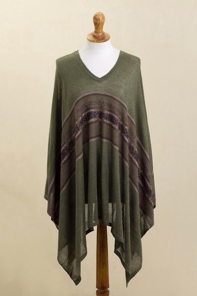 Alternate image for Woven Cotton Blend Poncho in Olive Green from Peru Olive Mountain