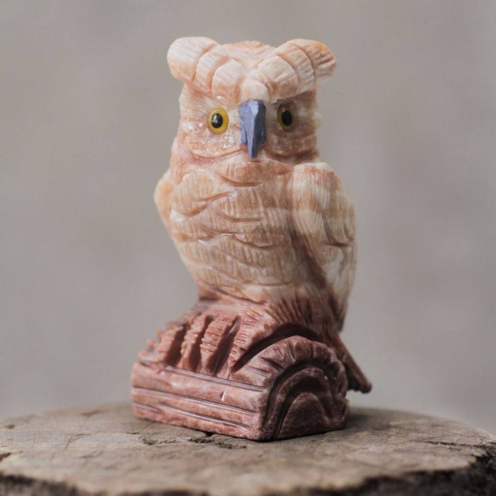 Artisan Crafted Pink Calcite Bird Sculpture from Peru 'Rosy Owl'
