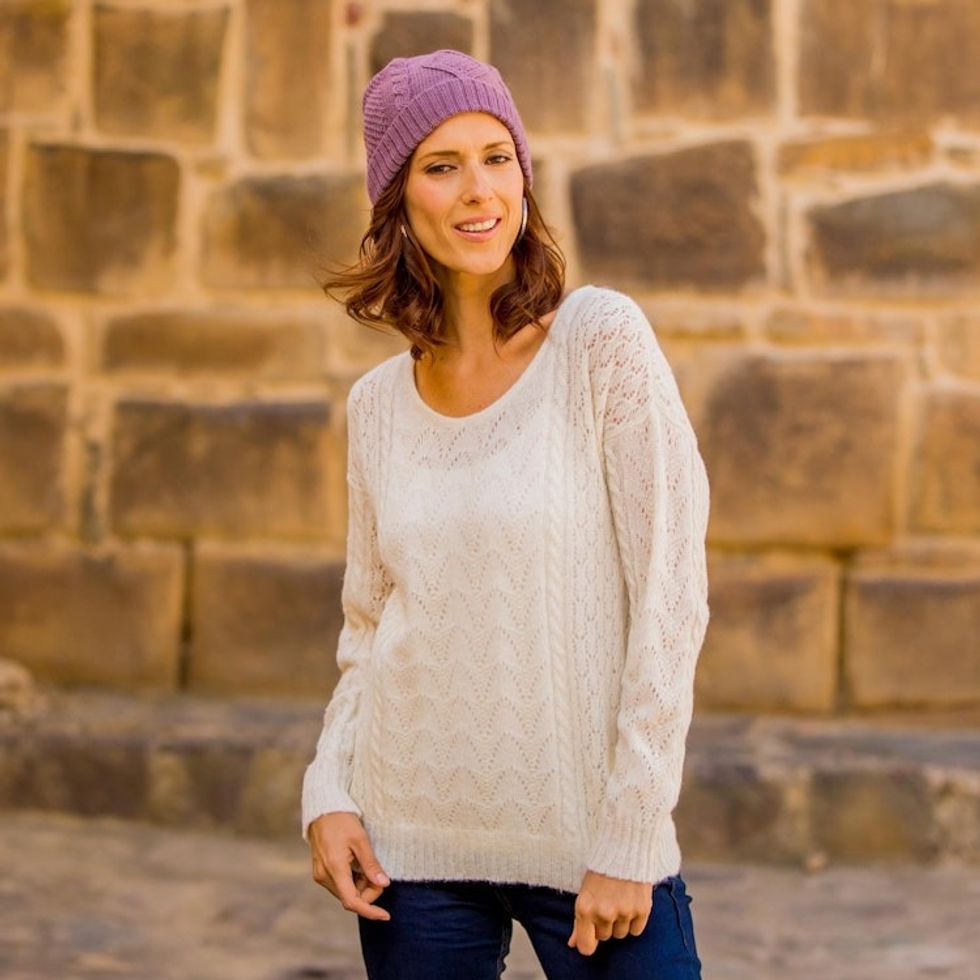 Cable Knit Baby Alpaca Blend Pullover in Ivory from Peru 'Warm Charm'