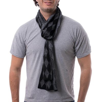 Alternate image for Mens Alpaca Blend Scarf with Grey Diamond Patterns Diamond Grey