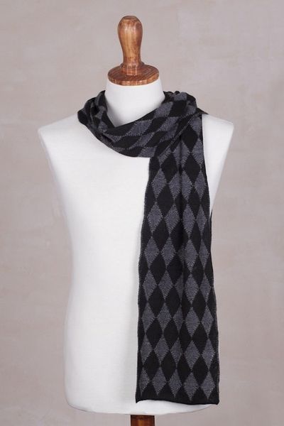 Alternate image for Mens Alpaca Blend Scarf with Grey Diamond Patterns Diamond Grey