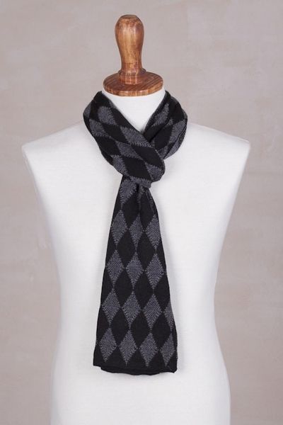 Alternate image for Mens Alpaca Blend Scarf with Grey Diamond Patterns Diamond Grey