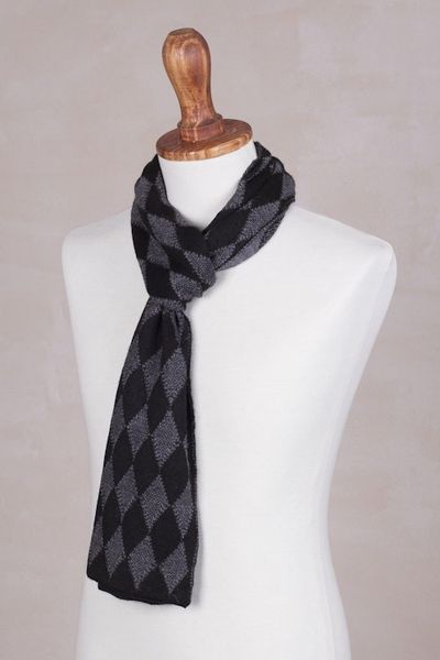 Alternate image for Mens Alpaca Blend Scarf with Grey Diamond Patterns Diamond Grey