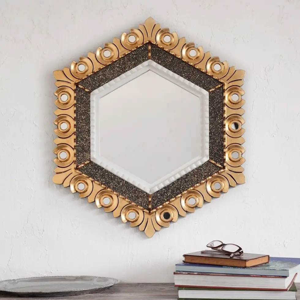 Peruvian Bronze Leaf Wood Wall Mirror in a Hexagon Shape 'Sublime Hex'