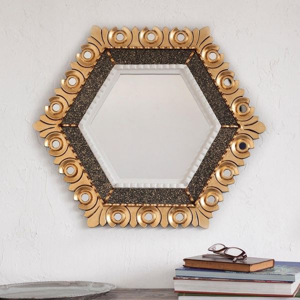 Alternate image for Peruvian Bronze Leaf Wood Wall Mirror in a Hexagon Shape Sublime Hex