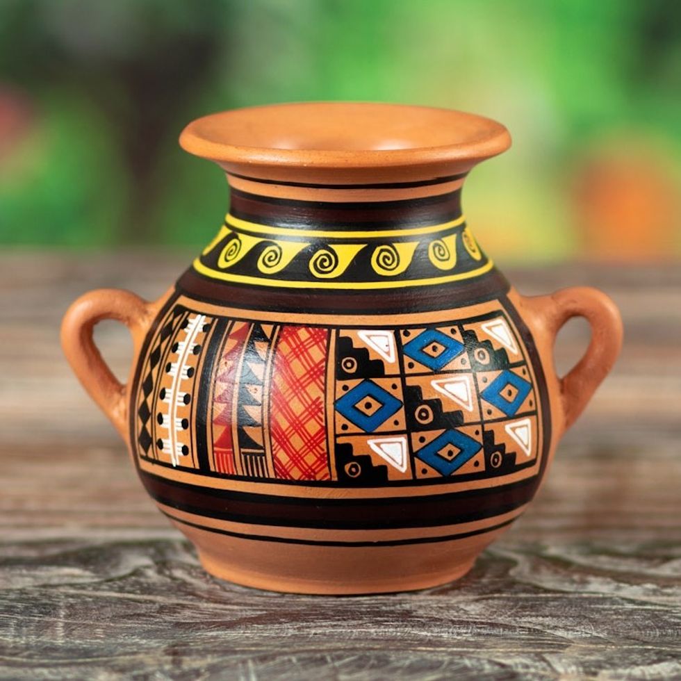 Inca-Style Ceramic Decorative Vase Hand-Painted in Peru 'Inca Majesty'