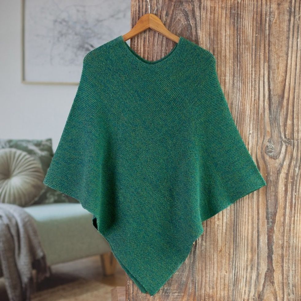 Green 100 Alpaca Poncho Crafted in Peru 'Embracing Forest'