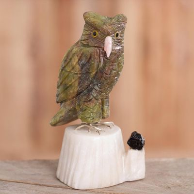 Alternate image for Gemstone Owl Sculpture in Green from Peru Verdant Owl