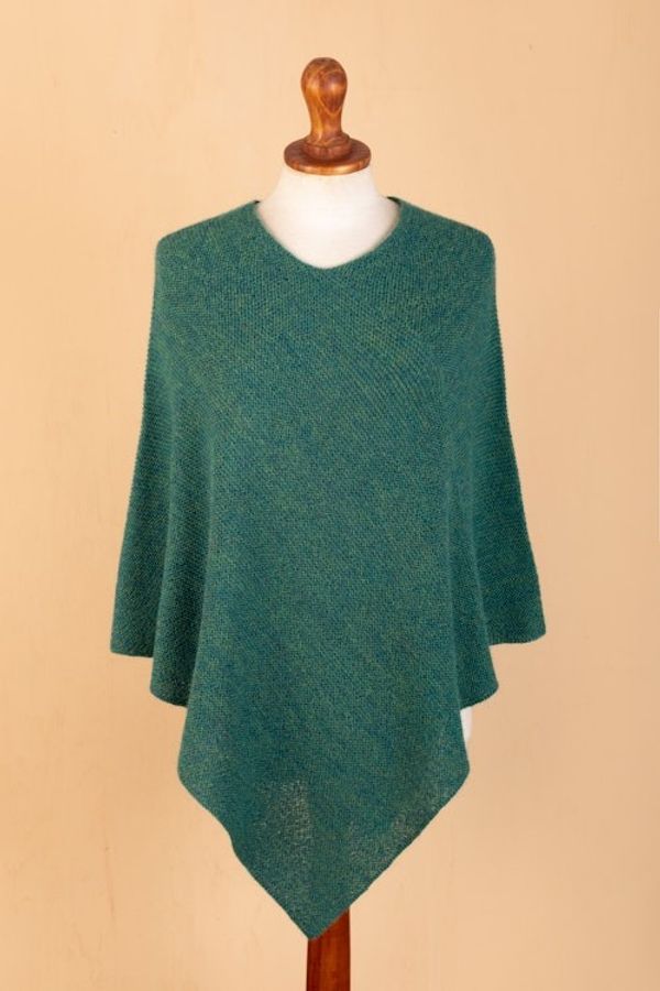 Alternate image for Green 100 Alpaca Poncho Crafted in Peru Embracing Forest