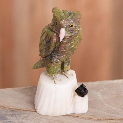 Alternate image for Gemstone Owl Sculpture in Green from Peru Verdant Owl