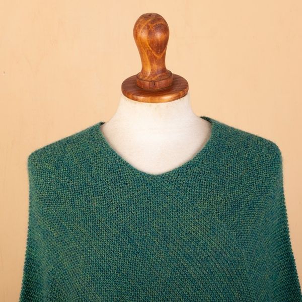 Alternate image for Green 100 Alpaca Poncho Crafted in Peru Embracing Forest