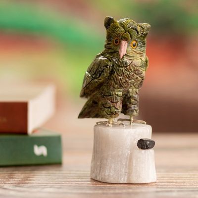 Alternate image for Gemstone Owl Sculpture in Green from Peru Verdant Owl