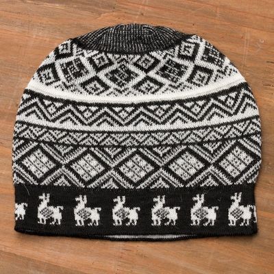 Alternate image for Black and White Diamond Motif Alpaca Blend Knit Hat Alpaca Parade in Black