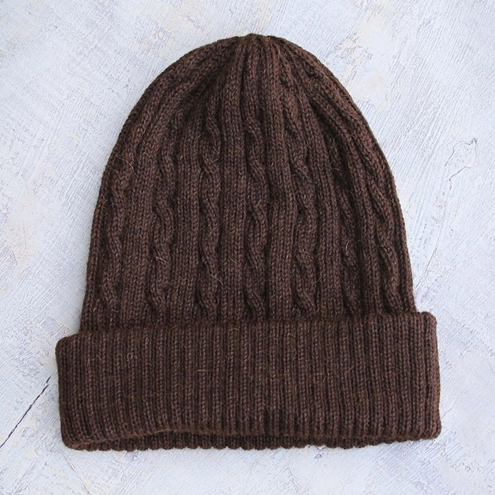 Hand Woven 100 Alpaca Wool Beanie Hat 'Brown Mountain Roads'