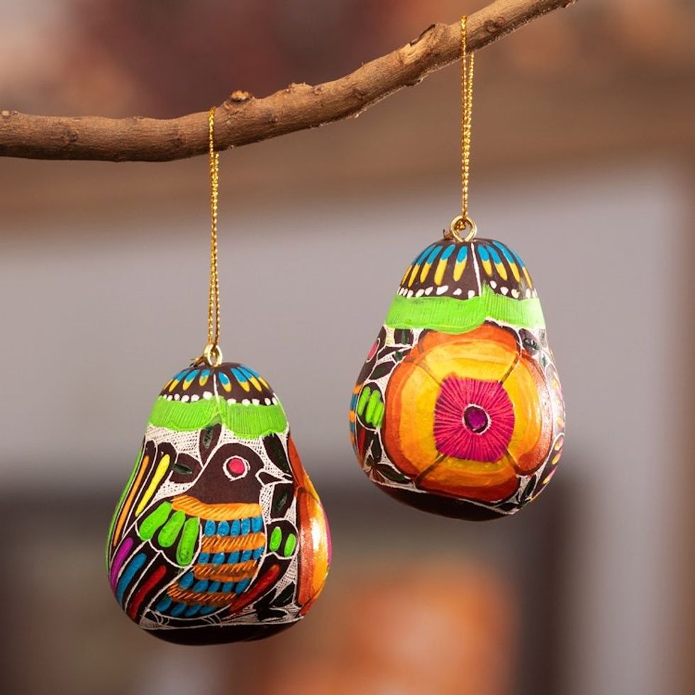 Dried Gourd Ornaments with Bird and Floral Motifs Pair 'Andean Wings'